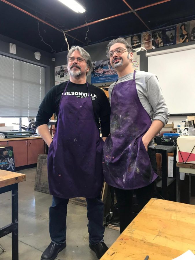 Junior and Thespian Kameron Kowslowski posing with Mr. Shotola-Hardt in his spirit week costume.