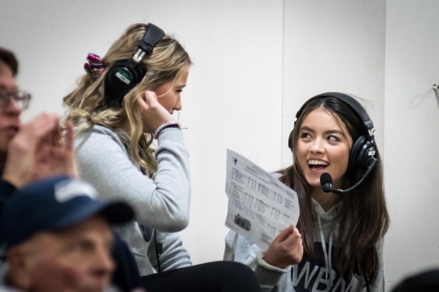 WBN announcers Abby Forsterer and Bella Kleiner call the action at a basketball game last season.  Today, Noah Hansen, Sohma Cox, Emilia Maxwell and Abby Nelson continue the tradition.  