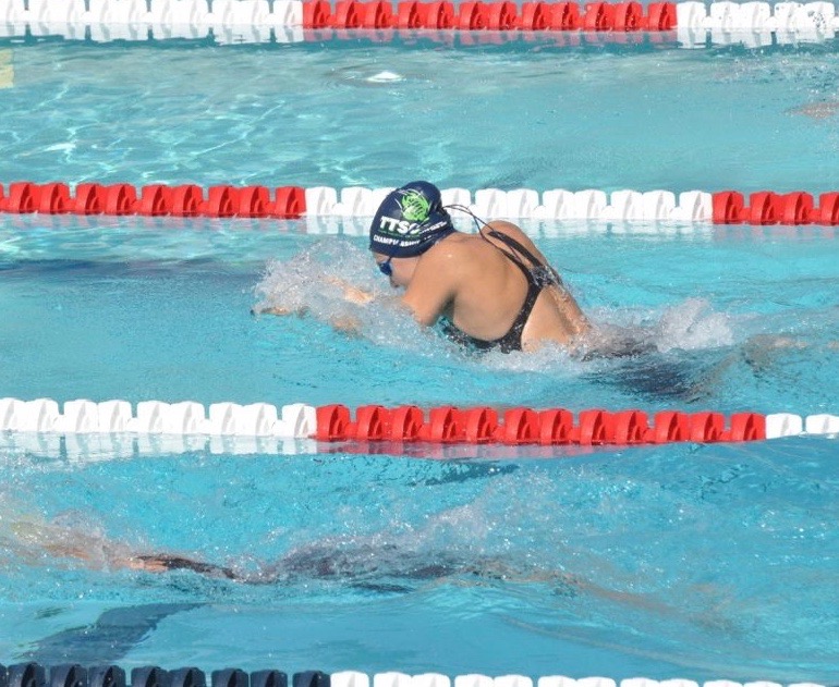 Abby Maoz swimming the 100 meter breastroke at junior nationals. Girls swimming junior nationals was held in Irvine, California.
