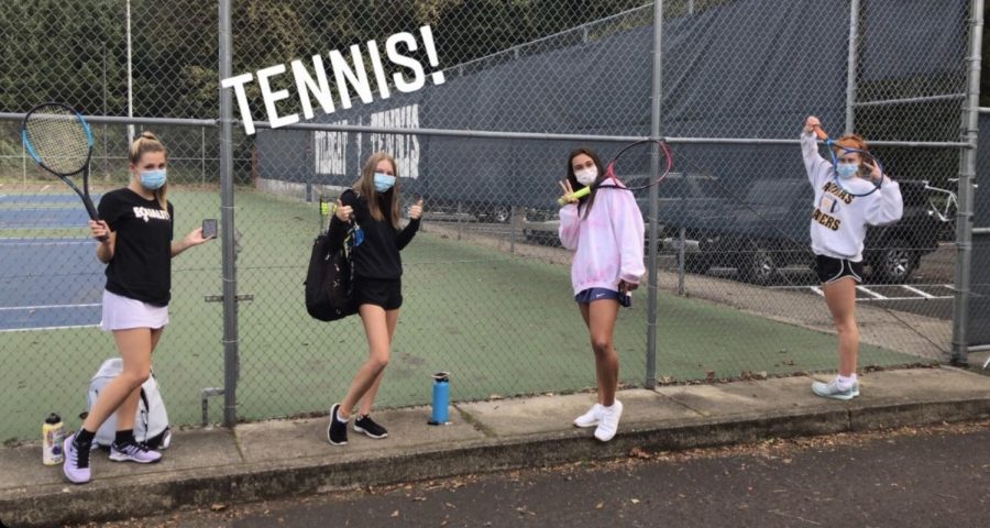 A group of senior girls at tennis practice earlier this fall season. Many students would attend practices after school like these four girls. Peyton Tolboe took this photo for her Friday takeover of "Meet the Crew."