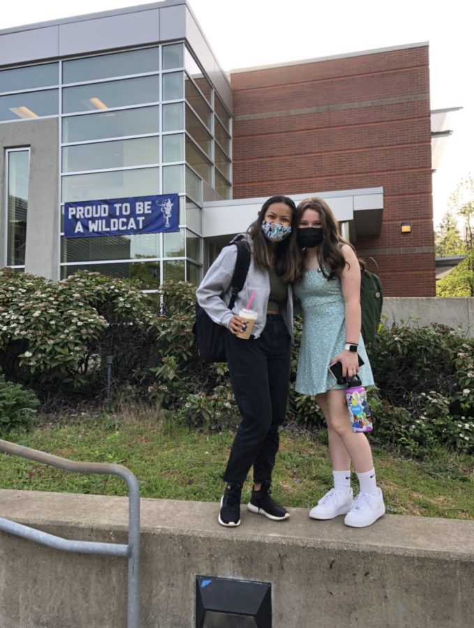 Sophomores Hannah Wilken and Taylor Hadden going to class on the cohort "B" day. Quarter 4 started on April 26th for the Wildcats.