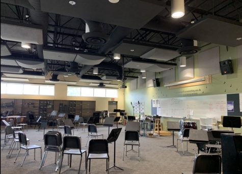 The empty band room illustrates the cliche, "calm before the storm."