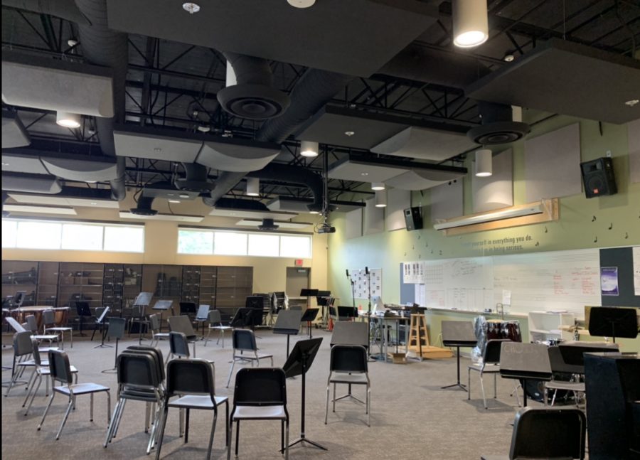 The empty band room illustrates the cliche, "calm before the storm."