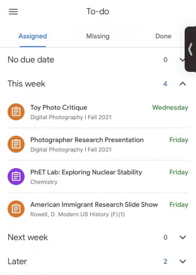 A student's active assignment due dates in Google Classroom. Many students have a similar assignment schedule, and some have more.