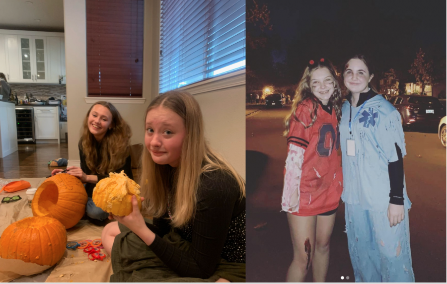 From left to right, Shelby Widman and Alina Jakobson carving pumpkins, and Reese Buchanan and Sophia Levesque trick or treating!