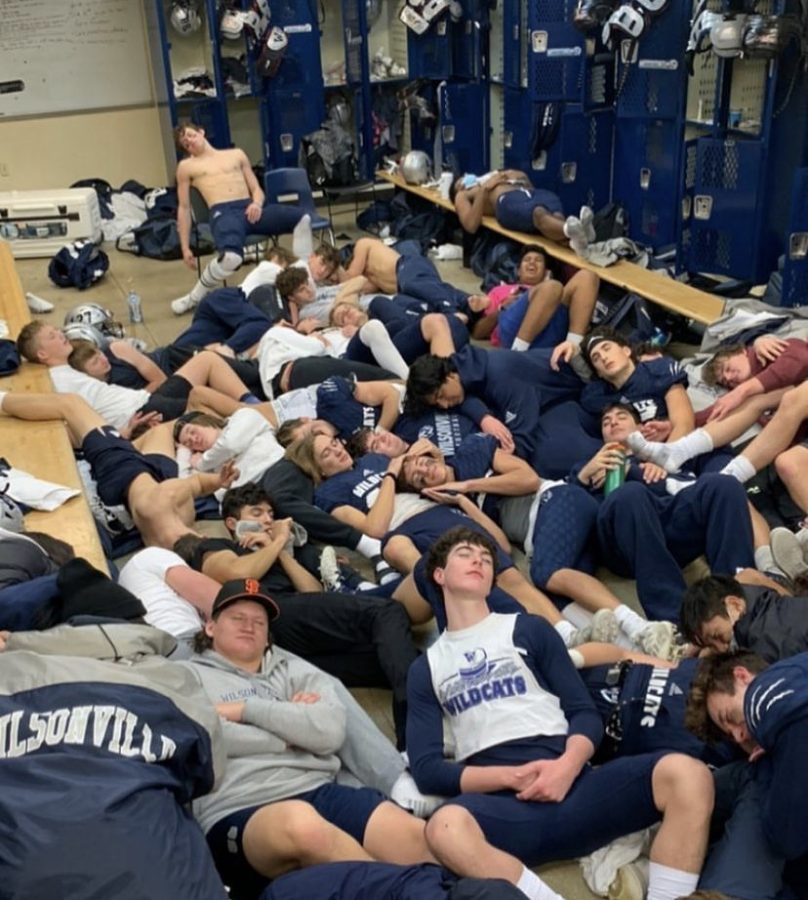 The varsity football team "sleeps" after beating Curchill. This photo comes straight from the Instagram itself.