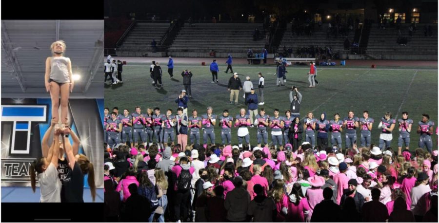 Left: Abbie Memmott in cheer practice. Right: WVHS varsity pink out football game in October.