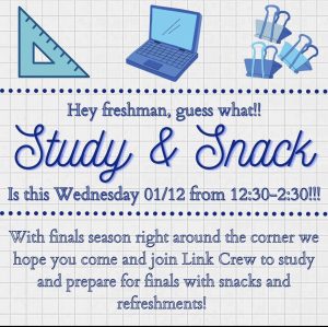 Study and Snack is an event designed for students, mostly freshmen who haven't had finals before, to learn how to prepare for them. They got to work together with upperclassmen to study and catch up on work.