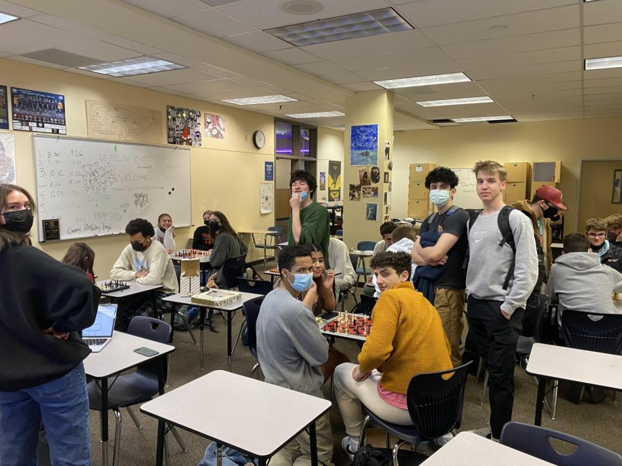 Chess club members playing games at the latest meeting. Chess club meets Mondays at lunch. 