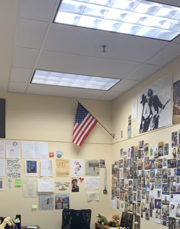 The American flag hangs in every classroom in the school.