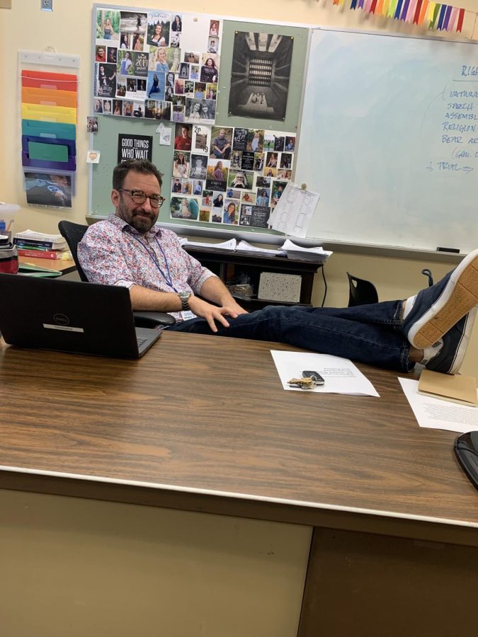 Mr. Christopher posing in his new classroom. Welcome to WVHS Mr, Christopher!