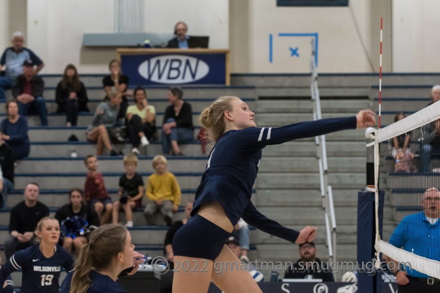 Olivia Lyons spikes a ball that helps lead Wilsonville to a clean sweep over Parkrose. Wilsonville is still unbeaten and looks to continue that success as the season moves on.