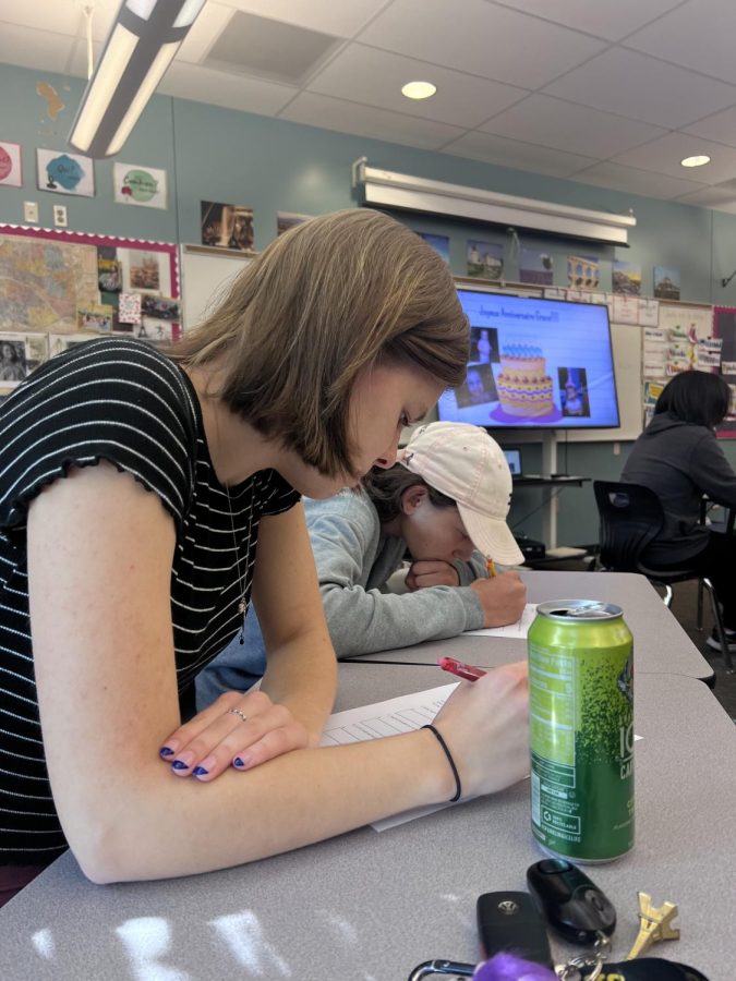 Senior Hope Williams and  sophomore Tennessee Connan are hard at work. Ms. Moehling's French classes are quickly ramping up for the start of the year.