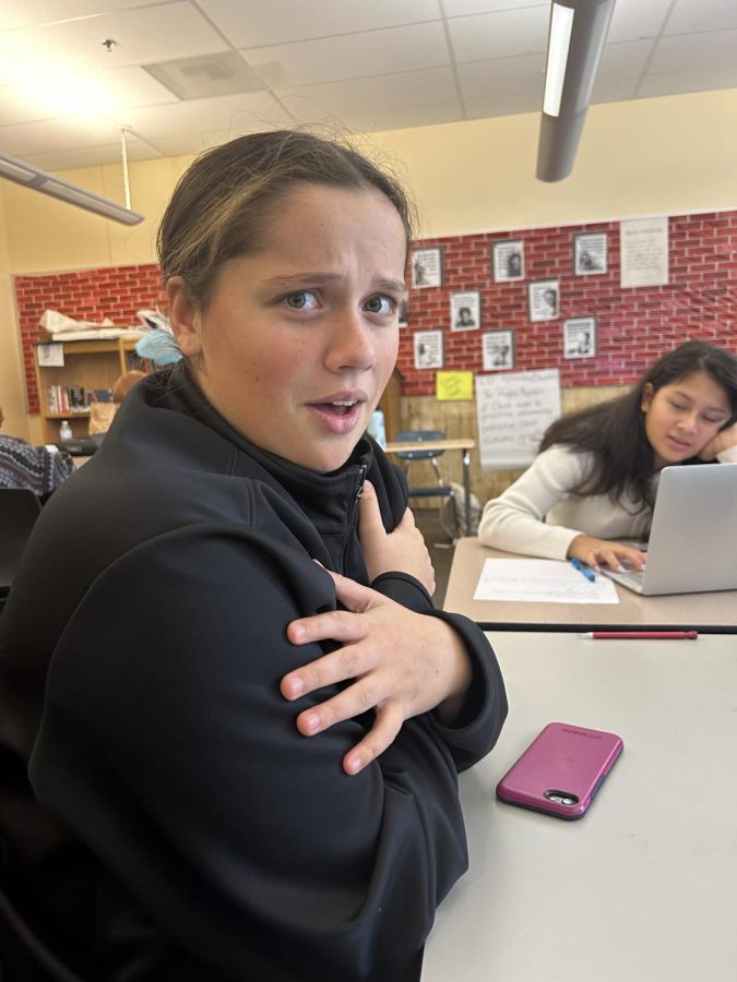 Sophomore Kat Ellet shivers during fourth period. She forgot her jacket at home and doesn't know how to get warm.