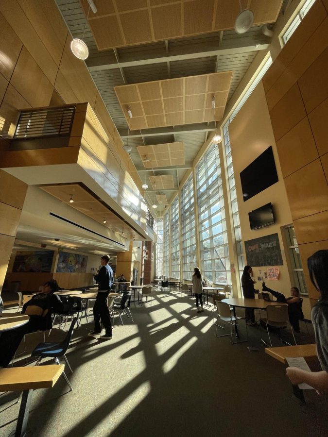 Sunlight streaks through the point windows, illuminating the tables below. The hallway wanderers take in the views, admiring WVHS's architectural beauty.