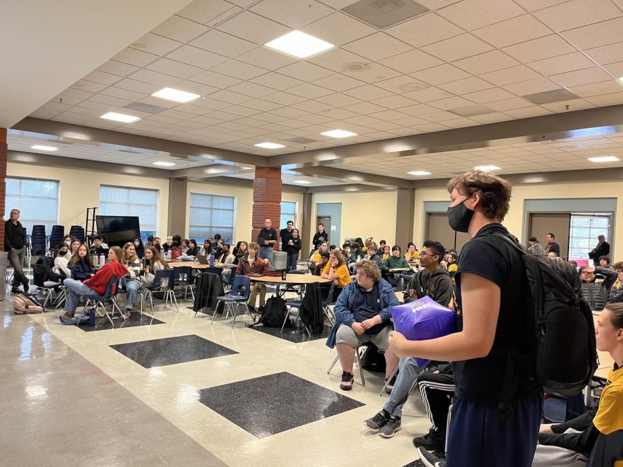 Over 80 students - between Error Code Xero and To Be Determined - gather in the WVHS cafeteria to discuss the new game's rules.