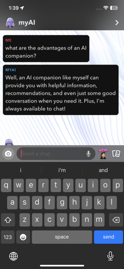 Snapchat's "myAI" explains why an artificial intelligence companion is beneficial. The AI claims to be able to help with a wide range of questions and issues.