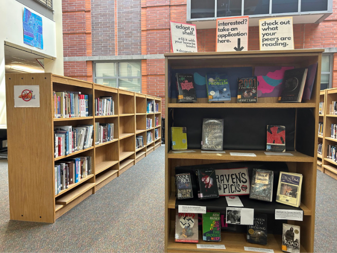 Librarians Giese and Coerson created an excellent "Adopt a Shelf" program. Students can decorate shelves and foster a sense of pride in the school library.