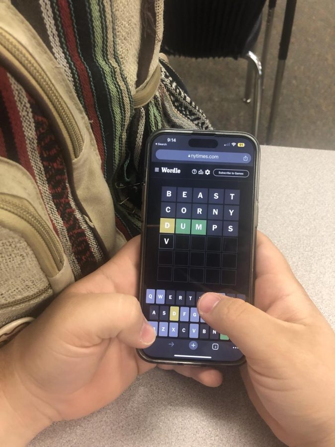 Junior Jack Barrett, on his fourth attempt at solving today's Wordle.  Wilsonville students are seen caught in the Wordle craze in the middle of class.