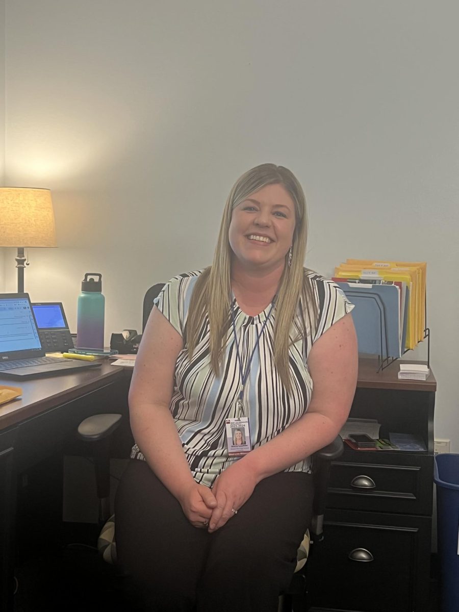 Mrs. Luedtke working in her office at Wilsonville High School. She had previously met with fellow WVHS counselor, Andre Abraham. 