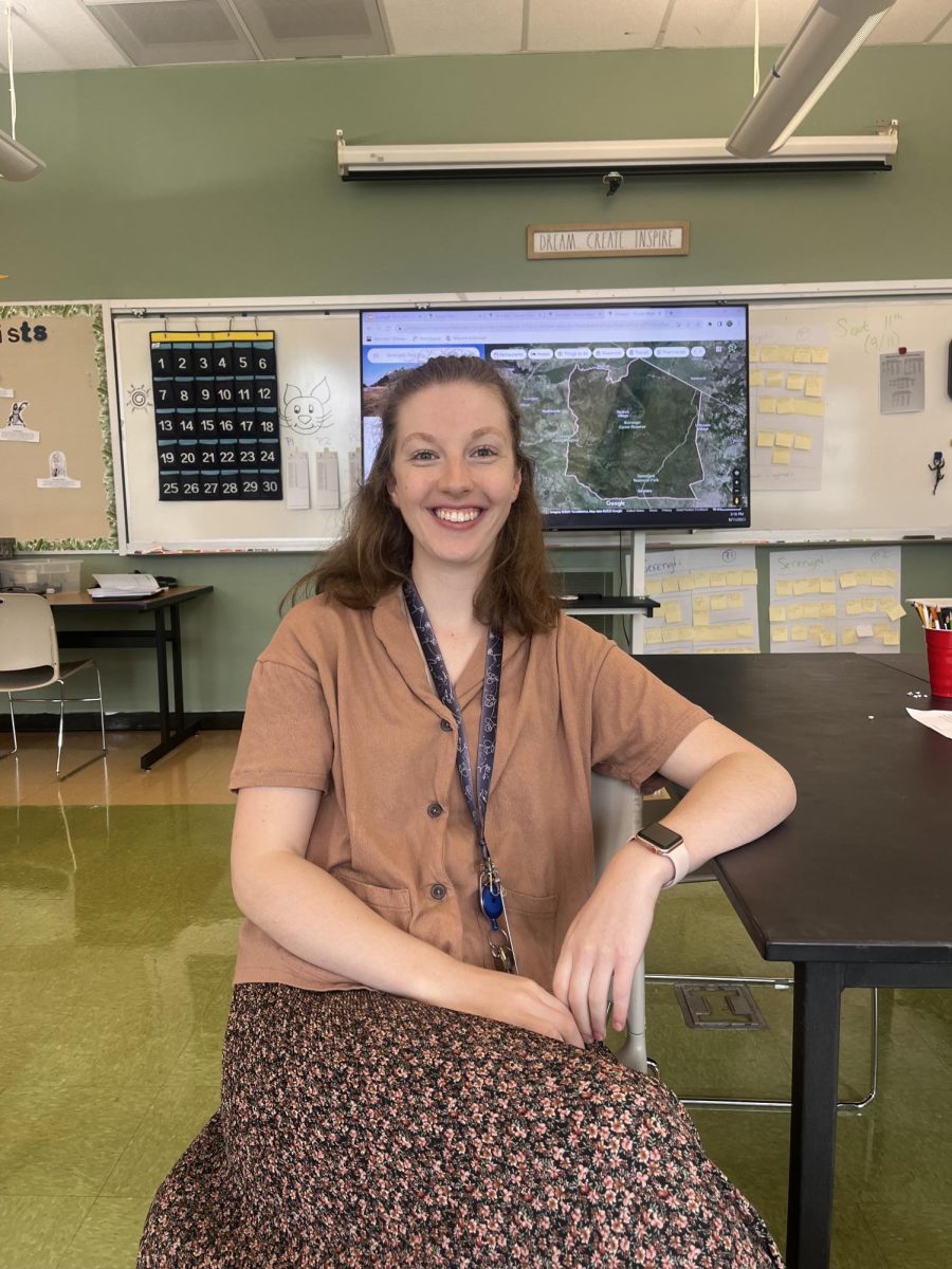 Ms. Hunt smiles for her picture her classroom. Ready for the school year, she is excited to be here at Wilsonville!