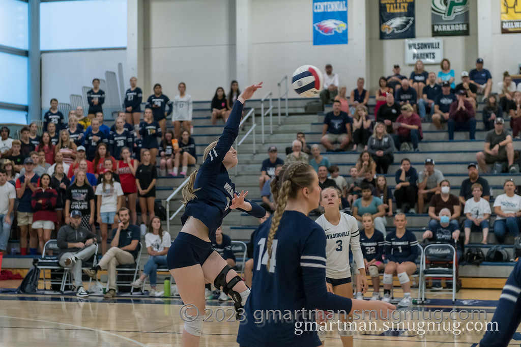 Ashlyn Hartford spikes a ball in a prior game during the 2023 season. Hartford has been a key component of Wilsonville's undefeated league record. Photo provided by Greg Artman.