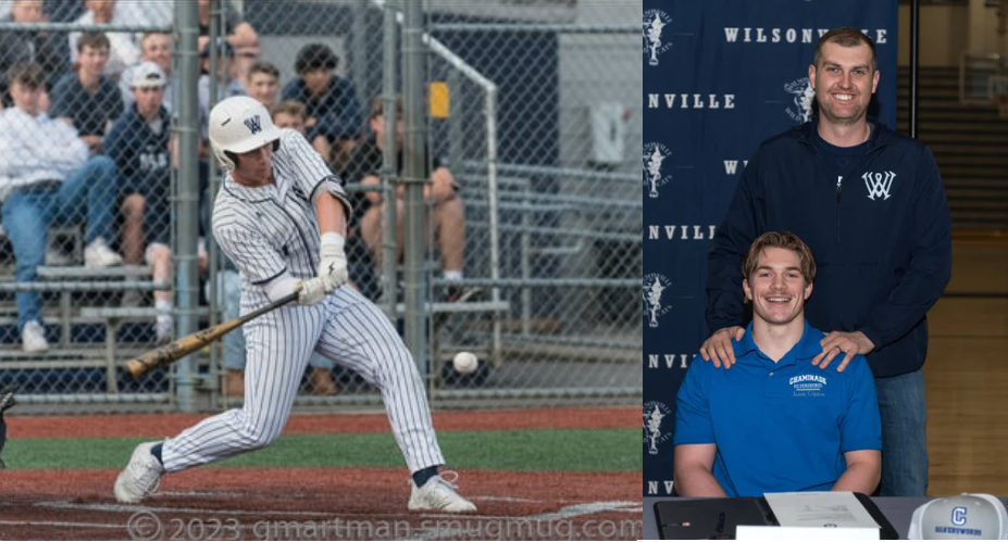 At left: Ogden takes a swing at a pitch.
At Right: Ogden poses  with Coach Card at his signing.