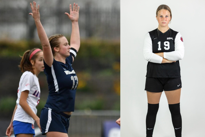 At Left: Mermis celebrates after winning the 2022 Girls Soccer State Championship.
At Right: Dalton poses for her team’s media day.