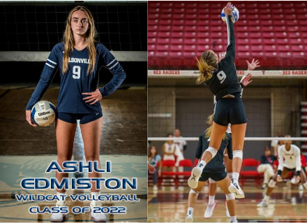 At Left: Ashli poses for her senior photo.
At Right: Edmiston utilizes a back row attack against an opposing team. 

