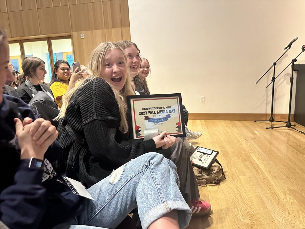 Alina Jakobson and Dena Kaufman proudly accept their award for “Best in the West” for broadcast! Many other students and schools brought home awards. 