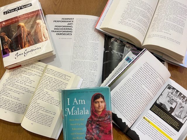 Feminist books in the school library. These help us learn the struggles women face and how we can help.