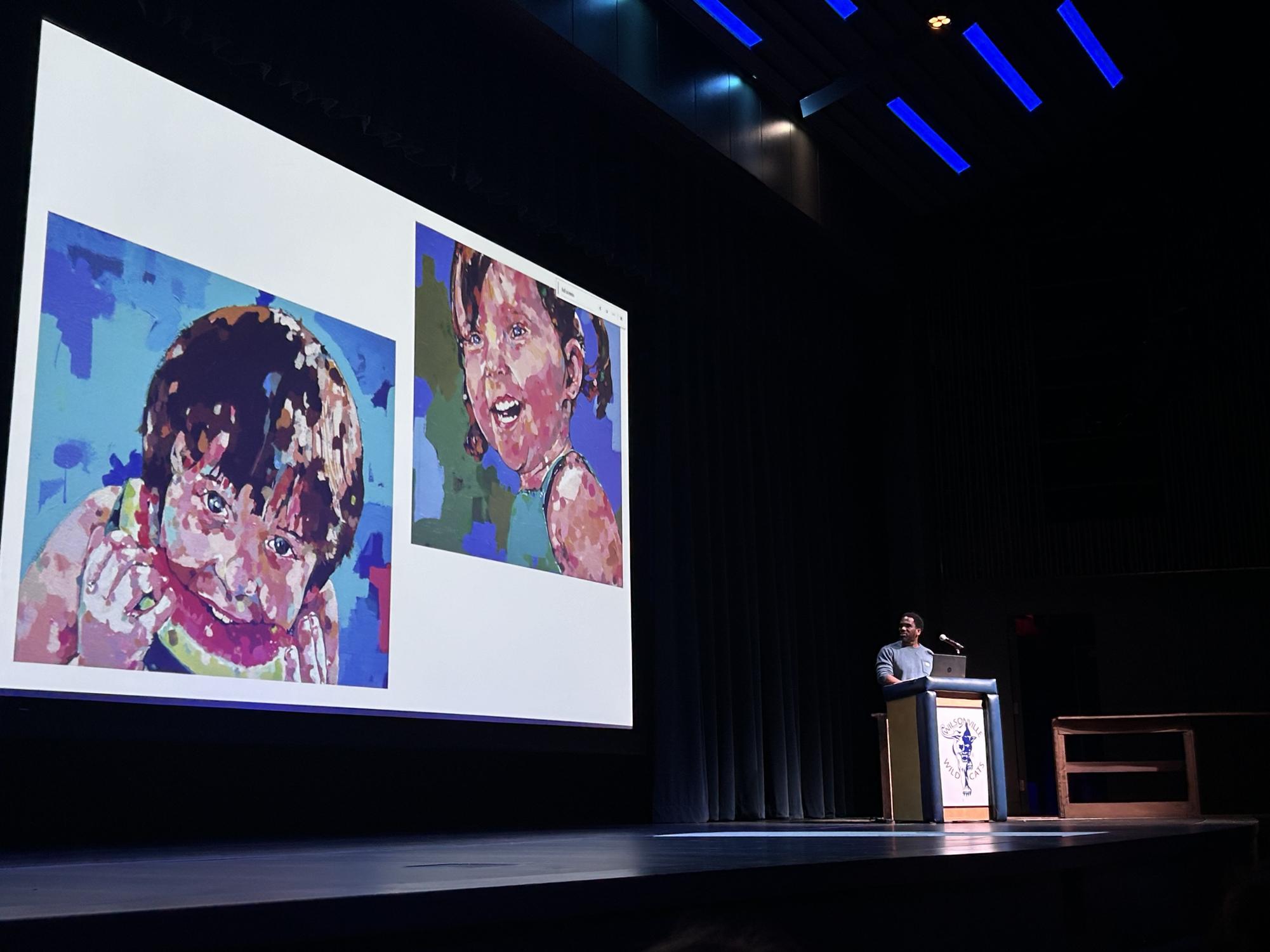 Jeremy Okai Davis showcases his art to Wilsonville High School Students during his presentation.