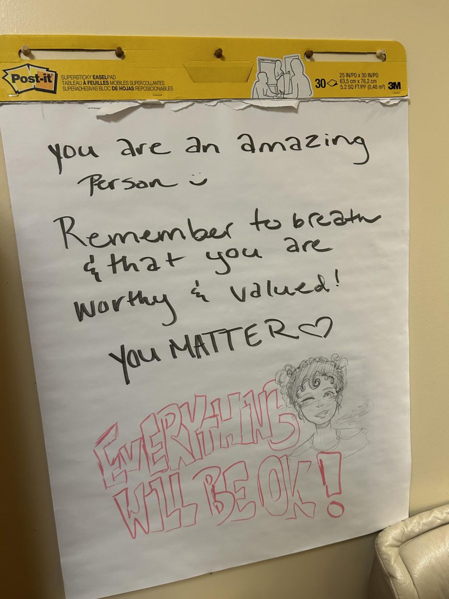 Cheerful poster drawn in Ms. Brunken's room by Megan Aken. Ms. Brunken's room upon entering the front entrance of the counseling office is the second to the left. 