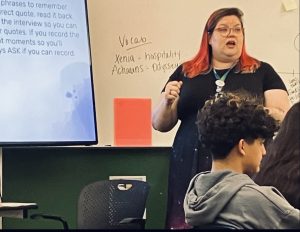 Selena Huggins lectures the class on appropriate conduct during an interview, as part of the day’s lesson on the subject, which included spinning a story out of basic icebreaker questions.