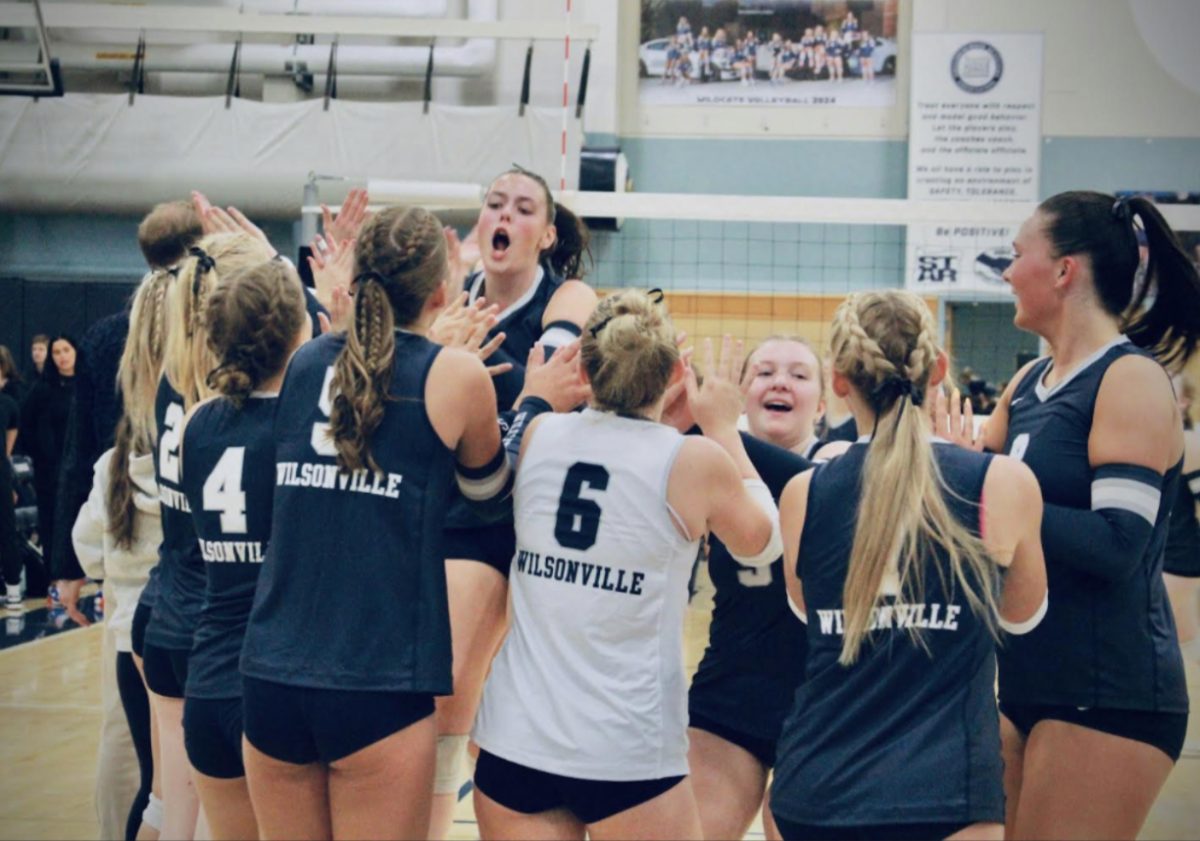 Wilsonville Volleyball celebrates after winning a set vs Centennial. Cats win in 4 sets to move to #1 in the state