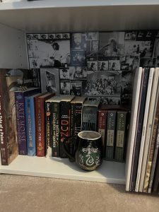 A cup of coffee a good book is a great way to relax after a long day at school. Onika Hernandez has a book shelf where she keeps all the books she's read over the years.