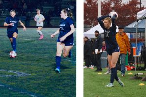 Tegan Waters drives down the pitch with Avery Underhill to her left. Brooklyn Bybee throws the ball in from the sideline.