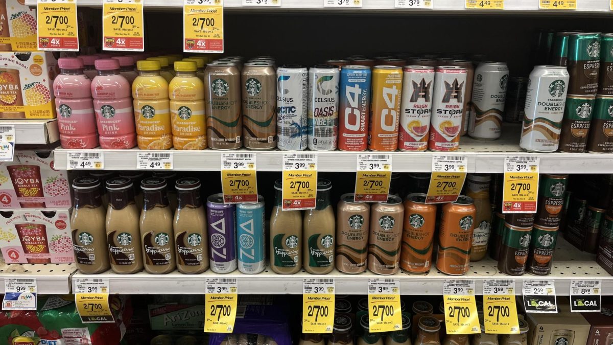 A variety of heavily caffeinated drinks, all found at Wilsonville's local Safeway. Energy drinks and caffeinated treats are daily necessities for some high school students. 