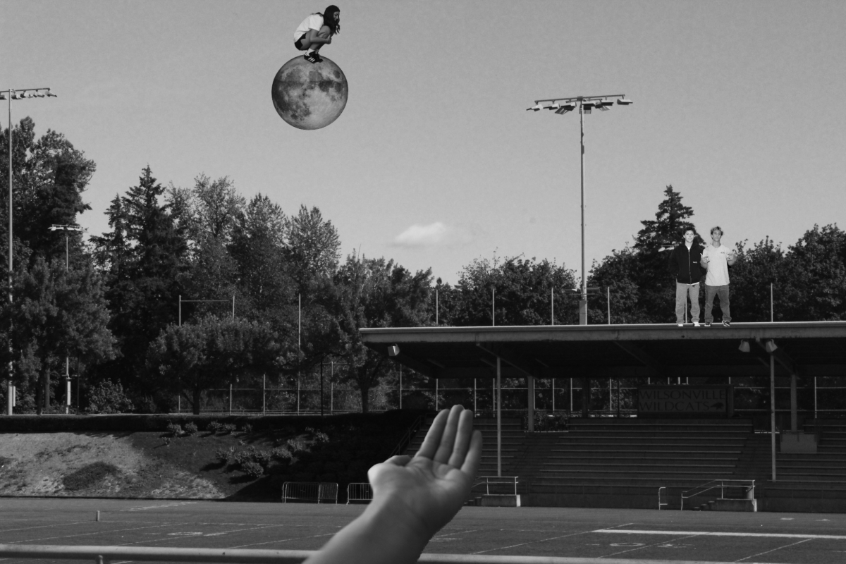 Norah Arthur takes a unique approach on this photo by editing her friends on to parts of the original photo. The background is the Wilsonville Highschool Stadium in black and white. She edits her friend Sofia Kerner on a moon, and includes Simon Black and Owen Fienblatt into the background.