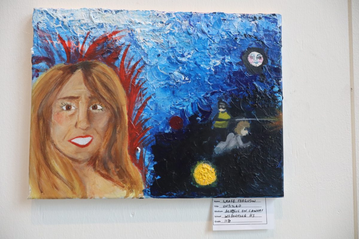 Grace Ferguson's painting depicts a woman surrounded by a scene of scuba divers finding treasure. She "wanted to make it a very textured piece, a painting you would look at and one of the first things you notice is the texture of the background!" 