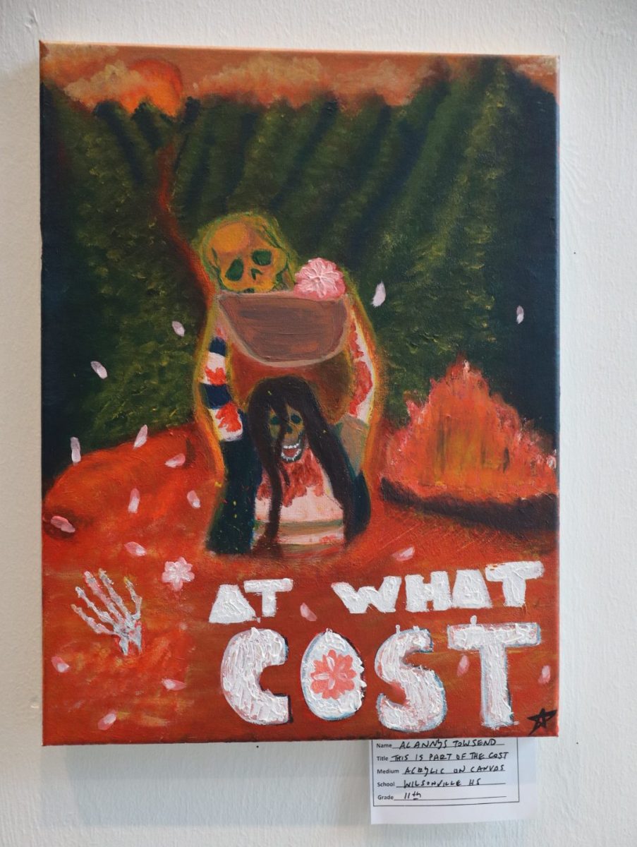 Alannys Townsends portrait is a social statement piece on our current U.S. government. It depicts what she sees as the cost for people at the moment.