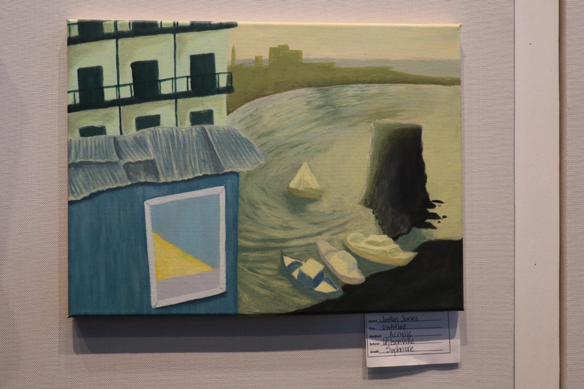 Featuring boats in a harbor and a cityscape Joslin Jones painted this landscape. He found inspiration from "the time I spent on the Oregon Coast and how different it can feel from the rest of the state." 
