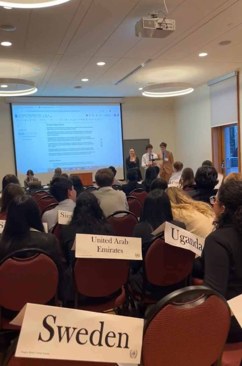 Ryan Williams gets up to speak at his committee on health and human services. Williams was a delegate representing Finland, and their position on human rights.