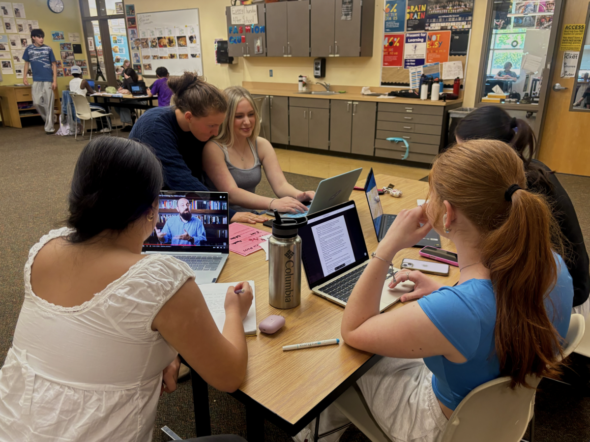 Avery Eckly, Zoey Carlson, Vaani Aga, Alyssa Hurley, and Yaamini Aga pictured studying for the AP US Government and Politics final exam during Mr. Eby’s class. He has covered all content, leaving students these next couple weeks to utilize for AP exam preparation during his class. 