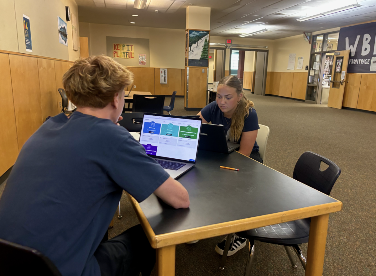 Liam Wilde and Bailee Van Meter captured studying hard for AP exams. Both Bailee and Liam are enrolled in Mr. Fitzgerald’s AP Lang course, and the two exclaim gratitude for Fitz’s enthusiasm and charisma while he teaches his class!