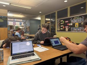 Photo of Sydney Hanson and Mia Winters working on project in AP US Government. Both Mia and Sydney put a lot of work into preparing for the AP Government exam. 