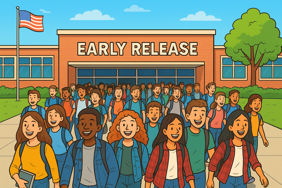 This AI generated image shows the 94 seniors who leave Wilsonville High School for early release every Friday. The senior who wrote this article, limited by Senioritis, did not find the academic motivation to go outside and take a picture of real seniors leaving the high school for an early release. 