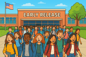 This AI generated image shows the 94 seniors who leave Wilsonville High School for early release every Friday. The senior who wrote this article, limited by Senioritis, did not find the academic motivation to go outside and take a picture of real seniors leaving the high school for an early release. 