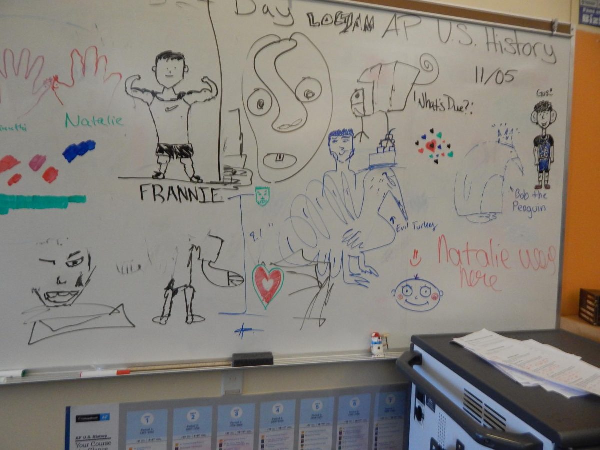 AP U.S. History and Civics teacher Michael Esqueda allows his students to have fun, as shown by the eclectic collection of drawings on his whiteboard. 