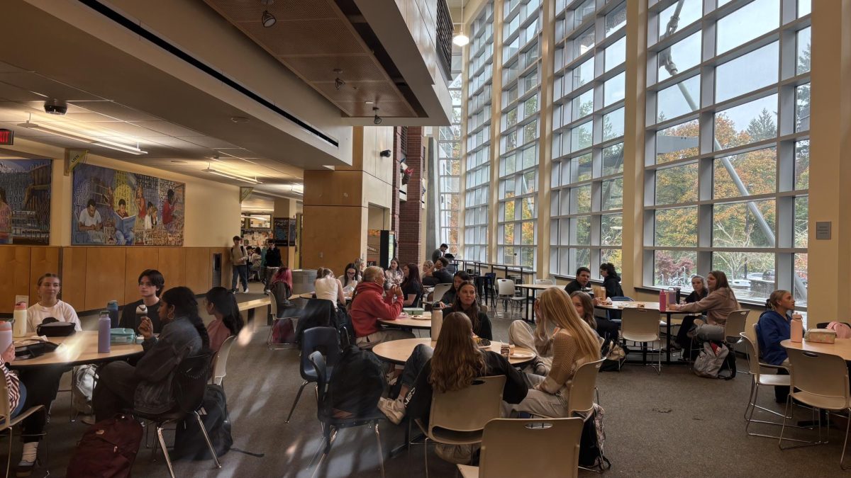 The “Pointe” at Wilsonville High School during lunch time. Students of all grade levels gather here in groups to eat and socialize.